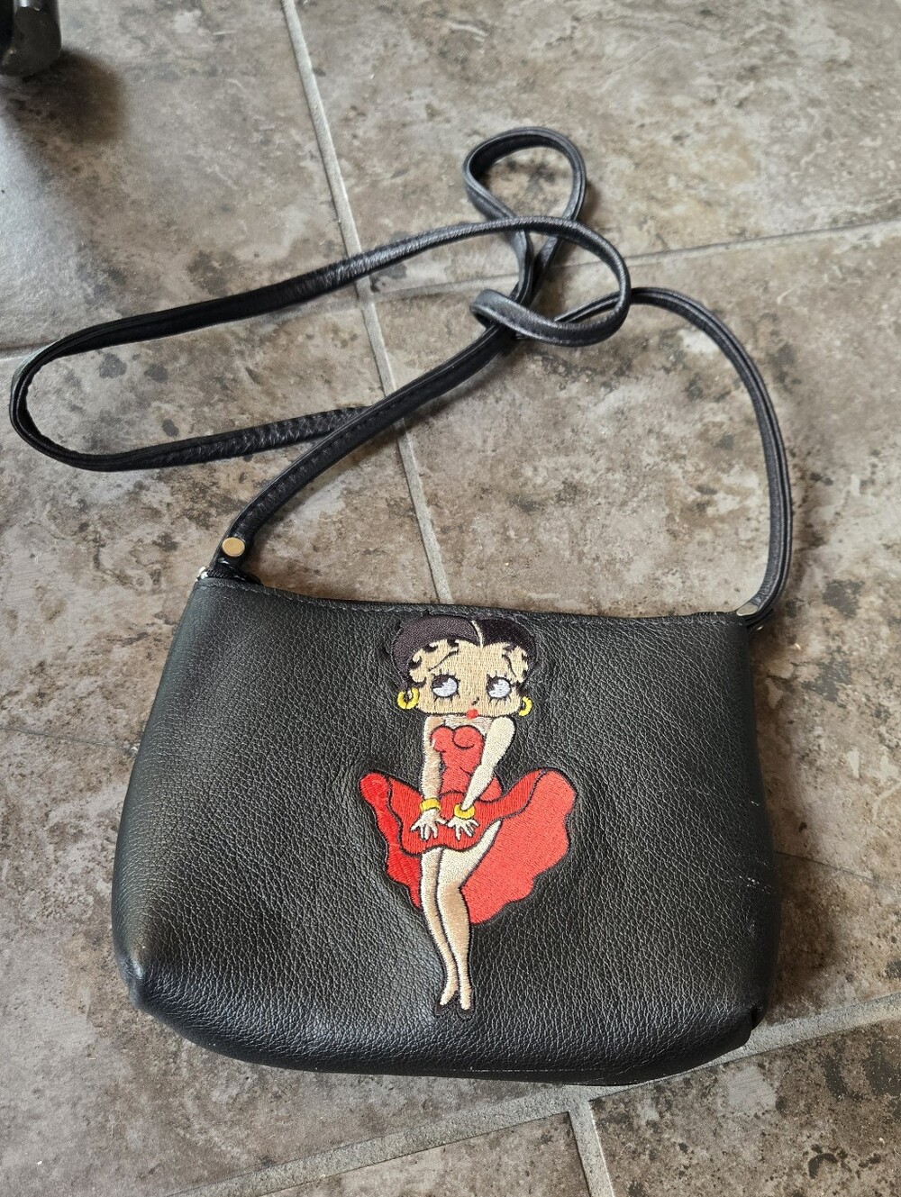1994 Betty Boop Vintage Full Grain Leather Purse Crossbody Mini Bag Embroidered